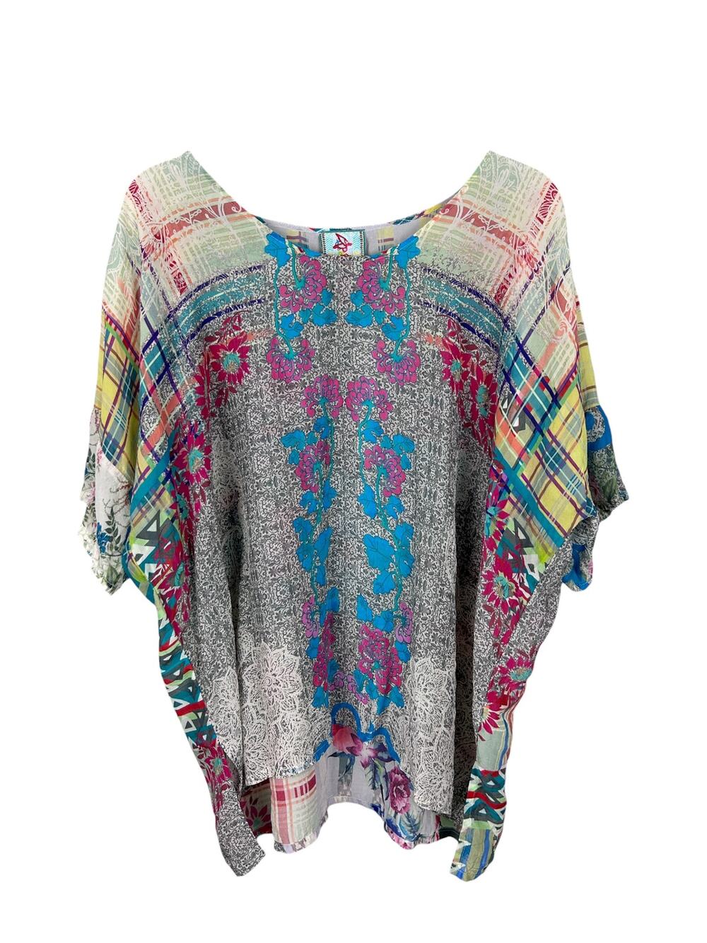 Johnny Was Lagenlook Patchwork Floral Flowy Short Sleeve Wide Neck Boho Top M